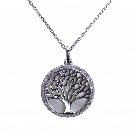 Silver Mother of pearl and Cubic Zirconia Tree of Life Necklace
