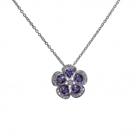 9ct White Gold Pear Cluster on chain with Amethyst and Diamond