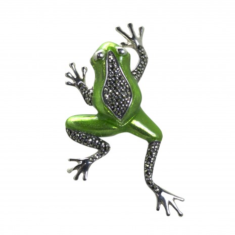 Silver Marcasite Enamel Frog Brooch