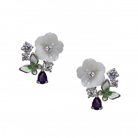 Silver Mother Of Pearl, Cubic Zirconia and Ename Flower Earrings